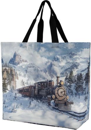 Generic Vintage Steam Train Large Reusable Shopping Bag Lightweight Foldable Tote Bags Washable Shoulder Handbag