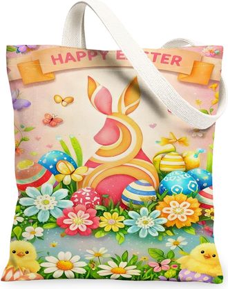 Generic Easter Bunny Canvas Tote Bags, Colorful Eggs Pattern Reusable Grocery Bags, Spring Vintage Lightweight Washable Shoulder St, Peach, 13x15 Inch