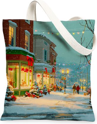 Generic Winter Vintage Artistic Canvas Tote Bags, Holiday Decorations Reusable Grocery Bags, Lightweight Washable Shoulder Strap Ca, Green, 13x15 Inch