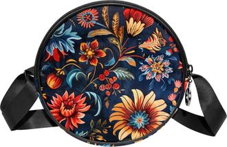 Generic Circle Crossbody Bag for Women, Ethnic Boho Floral Small Sling Bag Daypack with Zipper Adjustable Shoulder Straps Casual Ladies Girls Round Purse