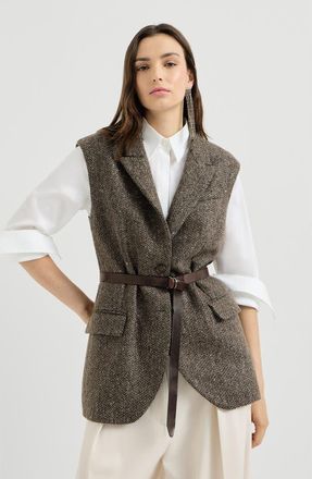Brunello Cucinelli Sparkling virgin wool chevron vest with leather belt and monili in Pine Cone Brown at Nordstrom, Size 48