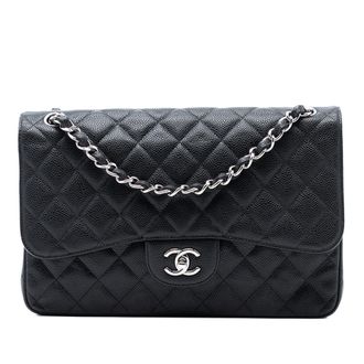 Chanel Pre-owned Womens Jumbo Classic Caviar Double Flap - Black Leather - One Size