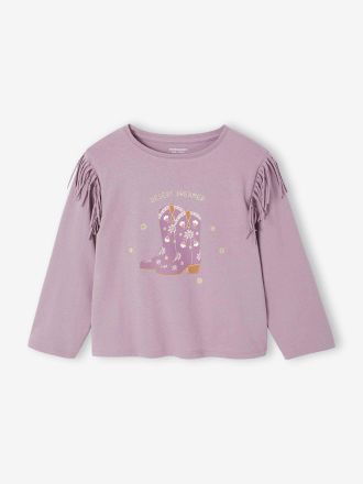 Vertbaudet M&auml;dchen Shirt mit Fransen und Cowboy-Boots-Motiv malve