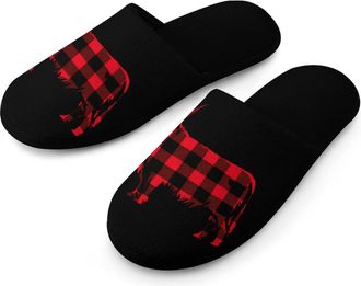 Generic Buffalo Plaid Highland Cow Mens Slippers Warm Non-Slip Houes Shose Spa Slipper for Home Bedroom