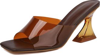 Generic MiaZane Womens Slide Sandals Chunky Crystal Block Heel Square Toe Strap Mules Dressy Fashion Heeled Slides for Evening Reception & Summer Events,Brown