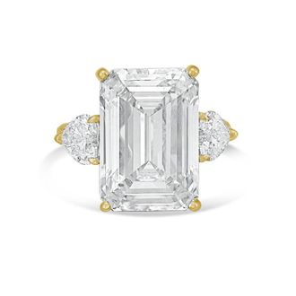 Diana M. Jewels 18kt Yellow gold Lab grown 6ct Emerald diamond ring with heart diamonds on the side and micropave band