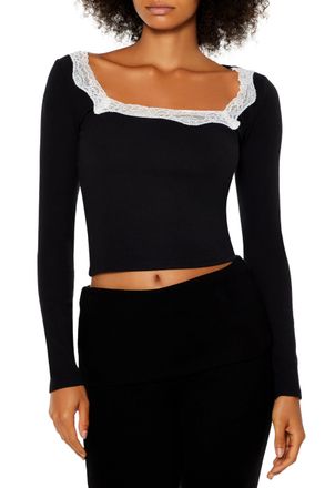 Forever 21 Womens Plus Size Lace-Trim Crop Top, Black, L