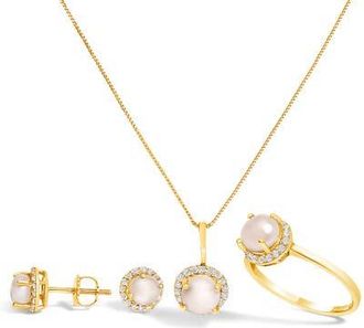 House of Brilliance 10K Gold Gemstone and 3/8 Cttw Diamond Halo Jewelry Set in Yellow | Pearl at Nordstrom