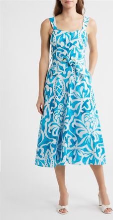 Tahari by ASL Grommet Tie Belt Midi Dress in Blue Jewel Ivory at Nordstrom, Size 12