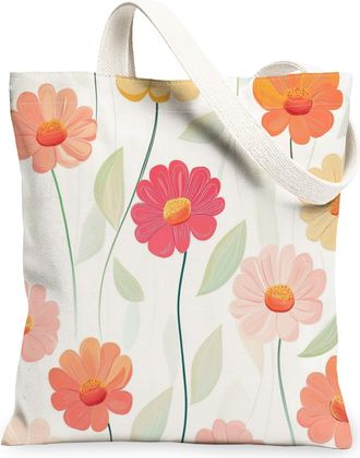 Generic Spring Luxury Zinnia Canvas Tote Bag for Shopping 13x15, Cute Floral Wildflower Reusable Grocery Print Pattern Bag for Women Men, Flower Simple Aesthe