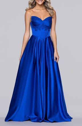 Blondie Nites Bead Detail Strapless Satin Gown in Royal at Nordstrom, Size 15