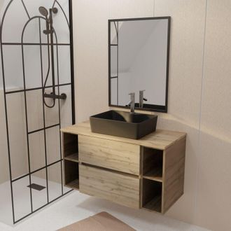 Aurlane Aurlane - Mueble De Ba&ntilde;o 100 Efecto Roble 2 Cajones Lavabo Negro Rectangular Espejo