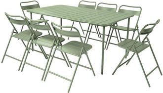 Sweeek Metal garden table 160 cm + 8 chairs, green - Amelia