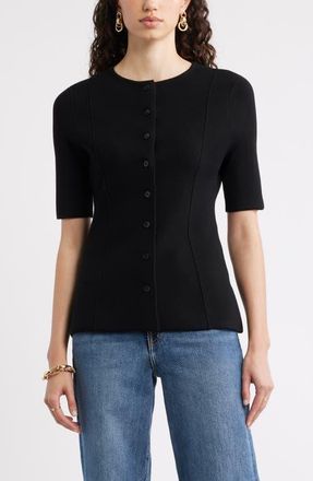 Nordstrom Crewneck Elbow Sleeve Cardigan in Black at Nordstrom, Size Xx-Small