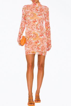 AFRM Mari Power Mesh Turtleneck Mini Dress In Vintage Coral Floral