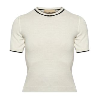 Valentino Garavani Round-neck Knitwear, female, Beige, Size: XS Wool Top with Neckline Embellishment