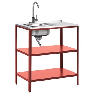 Beliani Cocina Exterior De Acero Isla Con Fregadero Ca&ntilde;o Monomando Estantes Encimera De Acero Inoxidable 80x50x92 Cm Rojo Vilama