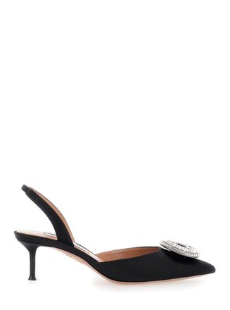 Aquazzura Crystal Hoop Black Slingback Pumps With Rhinestoned Embellishment And Kitten Heel In Tech Fabric Woman
