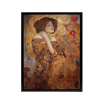Artery8 The Dreamer Klimt Inspired Woman Portrait Framed Canvas Wall Art Print in Brown | Size: W24 x H32