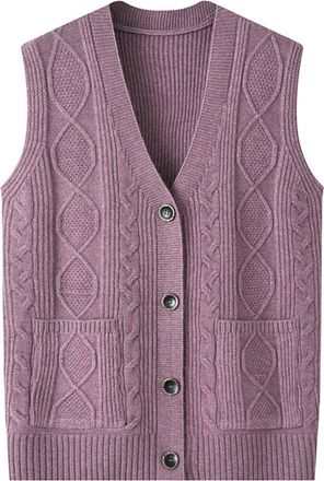 Generic Womens Knitted Waistcoat Vest - V Neck Button down Cardigan Gilet, Cable Knit Sleeveless Jumper with Pockets, Casual Loose Fit Pullover Top, Autumn Wi