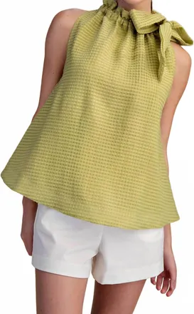 Glam Ruffle Neck Tie Sleeveless Top In Green