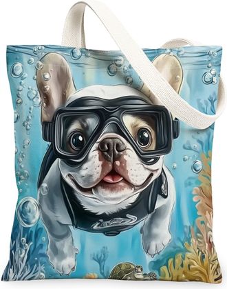Generic Pop Art Husky Dog Canvas Tote Bag for Shopping 13x15, Ocean Sea Nautical Puppy Reusable Grocery Print Bag for Women, Fun Pet Beach Aesthetic Painting 