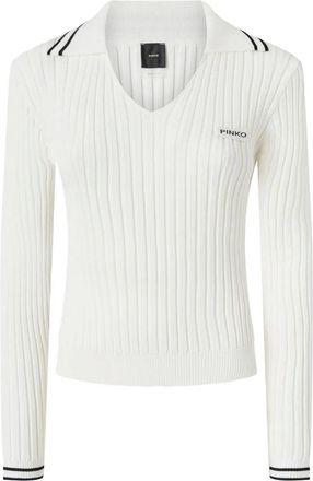 Pinko Ribbed Knit Polo-Style Sweater with Black Stripe Accents