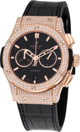 Hublot Classic Fusion Black Dial Black Leather Band 18 Carat Rose Gold with Diamonds Case Automatic Mens Watch 541.OX.1180.LR.1704