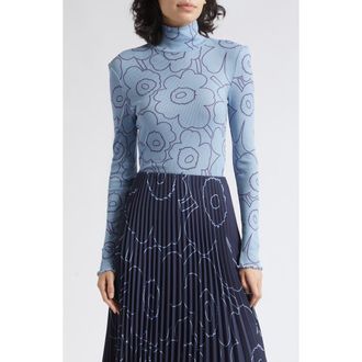 Marimekko Hily Pirto Uniko Abstract Floral Rib Knit Wool Turtleneck in Light Blue Dark Blue at Nordstrom, Size X-Small