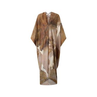 Roberto Cavalli Caftan With Affresco Printed On Silk Twill - female - Roberto Cavalli - Maxi Dresses - Brown - ONE SIZE - Dresses