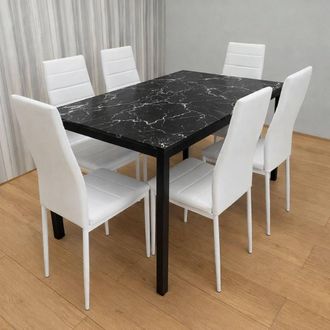 Kosy Koala Black Marble Effect Dining Table with 6 White Faux Leather Chairs