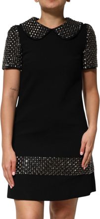 Dolce & Gabbana Womens Black Crystal Embellished Collared Mini Dress Virgin Wool