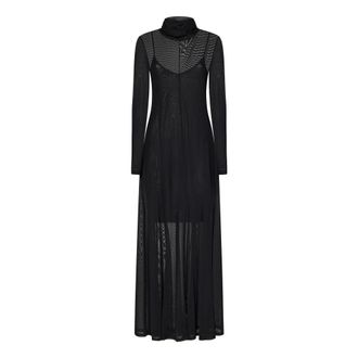 Remain Maxi Dresses, female, Black, Size: L Black Mesh Maxi Dress High Neck