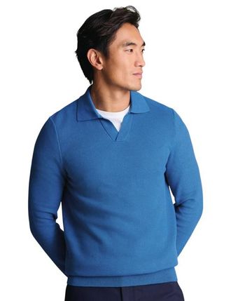 CHARLES TYRWHITT Cotton Honeycomb Trophy Neck Sweater in Mid Blue at Nordstrom, Size X-Small