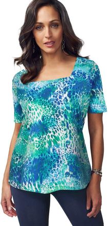 Jessica London Stretch Cotton Square Neck Tee in Ocean Print at Nordstrom, Size 20