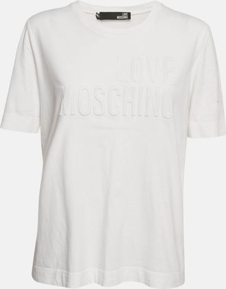 Love Moschino White Logo Embossed Cotton Crew Neck T-Shirt