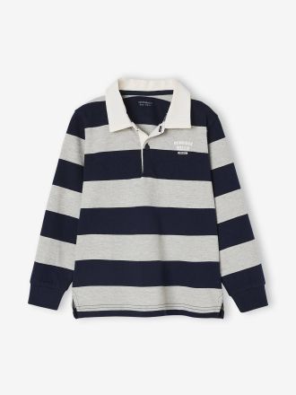 Vertbaudet Gestreiftes Jungen Poloshirt mit Kontrast-Kragen grau meliert