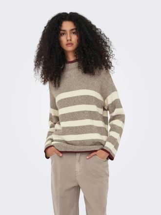 Only Strickpullover ONLY ONLKATIA LS RIB HIGHNECK CC KNT, Damen, Gr. L, weiss (fungi stripes:mel, wei&szlig;cap gray mel, cabernet), Strick, Obermaterial: 50% Vi