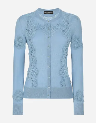 Dolce & Gabbana Cashmere And Silk Cardigan With Lace Inlay - Woman Sweaters And Cardigans Azure 38