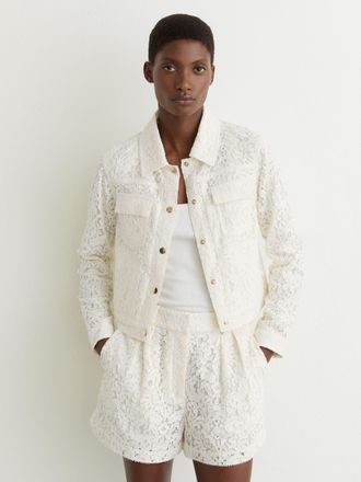 Reiss White Collared Lace Press-stud Jacket, 12
