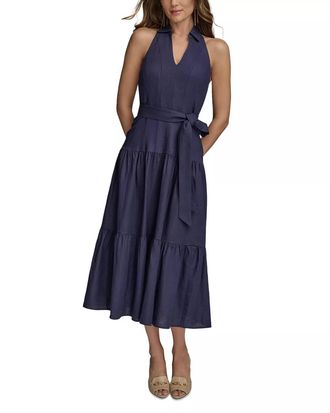 DKNY Linen Blend Halter A Line Dress In Ink
