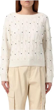 Twinset Gebreide top met parels - Dames - Ronde hals truien - Wit - XS - Wol - Truien & Vesten