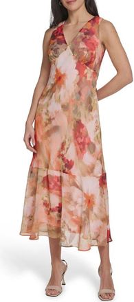 Calvin Klein Floral Sleeveless Chiffon Maxi Dress in Tango Multi at Nordstrom Rack, Size 12