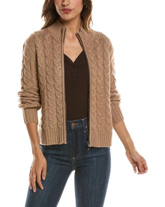 Fort&eacute; Cashmere Cable Zip Mock Neck 100% Cashmere Cardigan