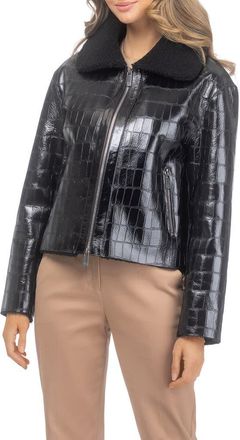 Gorski Genuine Shearling Croco Embossed Zip Jacket in Black at Nordstrom, Size X-Small