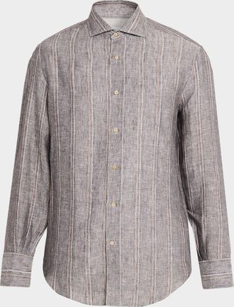 Brunello Cucinelli Mens Linen and Cotton Stripe Button-Down Shirt