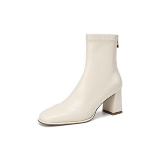 Generic Women Elastic Ankle Boots Square Toe Chunky Block Heels Side Zipper PU Leather Slip On Lightweight Comfortable Durable Non Slip Trendy Fashion Boots,B