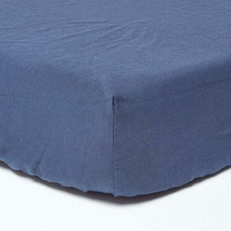 Homescapes Homescapes - Navy Blue Linen Deep Fitted Sheet, Double - Blue