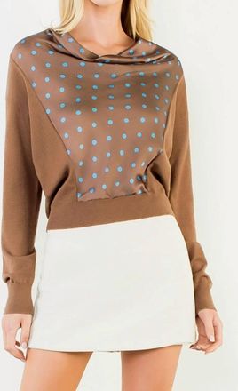 THML Clothing Polka Dot Cowl Neck Mixed Media Top In Brown