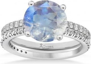 Allurez Moonstone & Diamond Round-Set Semi-Eternity Bridal Set Platinum (3.12ct)